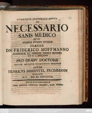 Dissertatio Inavgvralis Medica De Necessario Sanis Medico : Ad. d. Junii Anni MDCCXXXIII.