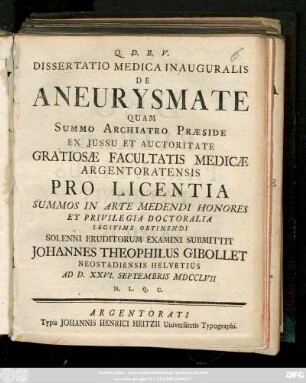 Dissertatio Medica Inauguralis De Aneurysmate