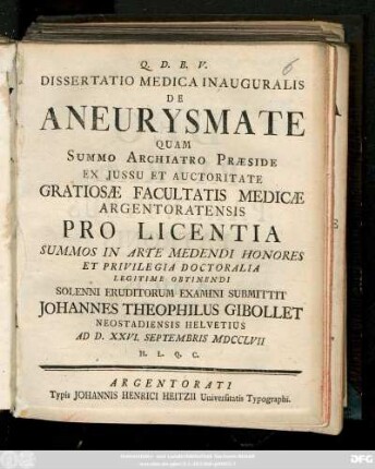 Dissertatio Medica Inauguralis De Aneurysmate