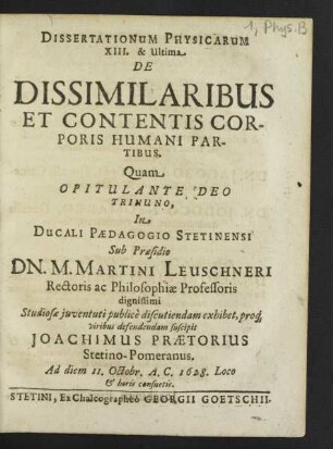 Dissertationum Physicarum ... De Dissimilaribus Et Contentis Corporis Humani Partibus