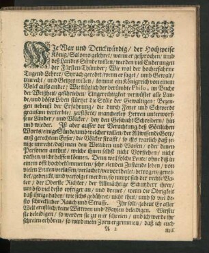 Wie War und Denckwürdig/ der Hochweise König/ Salomo gelehret ...