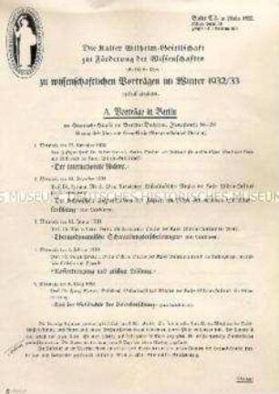 Programm wissenschaftlicher Vorträge an der Kaiser-Wilhelm-Gesellschaft Berlin u.a. zur "Rassenkreuzung"
