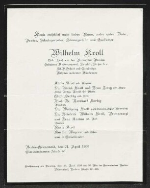 Brief von Käthe Kroll, Kroll Ulrich, Lissy Kroll, Edith Herbig, Reinhard Herbig, Wolfgang Kroll, Friedrich Wilhelm Kroll, Marie Kroll, Karina Kroll und Martha Wegener an Gerhart Hauptmann