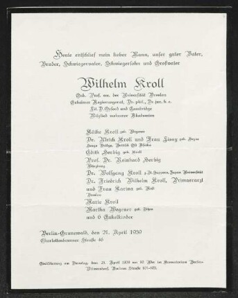 Brief von Käthe Kroll, Kroll Ulrich, Lissy Kroll, Edith Herbig, Reinhard Herbig, Wolfgang Kroll, Friedrich Wilhelm Kroll, Marie Kroll, Karina Kroll und Martha Wegener an Gerhart Hauptmann