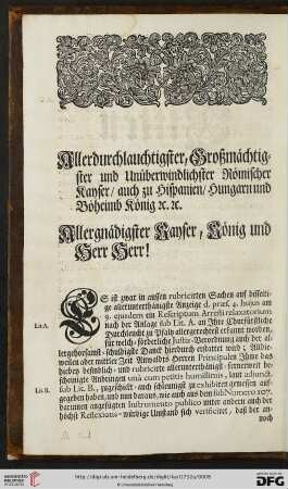Allerdurchlauchtigster, Großmächtigster und Unüberwindlichster Römischer Kayser / auch zu Hispanien / Hungarn und Böheimb König