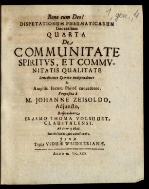 Ps. Generalis, De Spiritu eiusque Attributis, 4: De Communitate Spiritus, Et Communitatis Qualitate : Ad diem 15 Maii ...