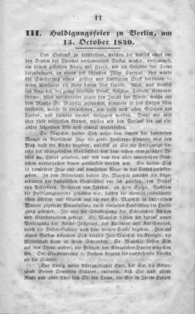 III. Huldigungsfeier zu Berlin, am 15. October 1840.