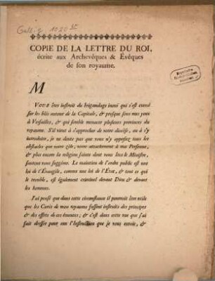 Copie de la lettre du Roi, écrite aux Archevêque et Évêques de son royaume