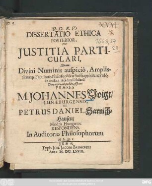 Dissertatio Ethica Posterior, De Iustitia Particulari