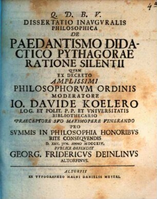 Diss. inaug. philos. de paedantismo didactico Pythagorae ratione silentii