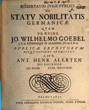 Dissertatio Jvris Pvblici De Statv Nobilitatis Germanicæ