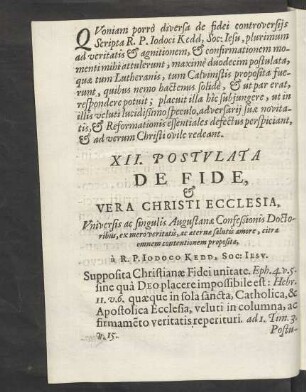 XII. Postulata De Fide, & Vera Christi Ecclesia, ...