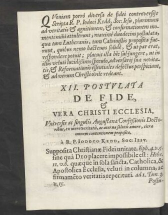 XII. Postulata De Fide, & Vera Christi Ecclesia, ...