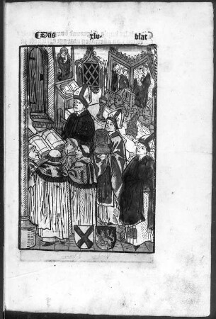 Kardinäle und Bischöfe bei einer gesungenen Messe : Concilium Constantiense. Chronik des Ulrich von Richental. Augsburg: A. Sorg, 1483; Blatt 45r: Kardinäle und Bischöfe bei einer gesungenen Messe. Holzschnitt, koloriert; Dresden: SLUB Ink.60