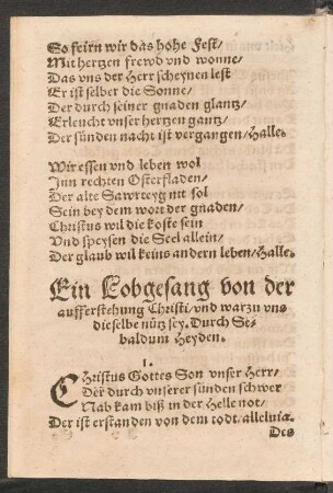 Ein Lobgesang von der || aufferstehung Christi/ vnd warzu vns || dieselbe nütz sey.