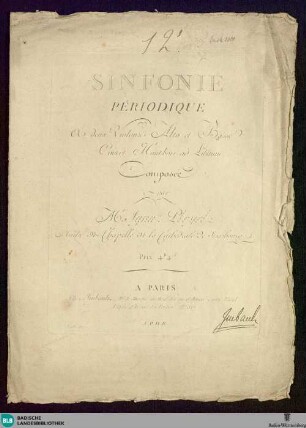 12e Sinfonie périodique : a deux violons, alto et basse, cors, hautbois ad libitum