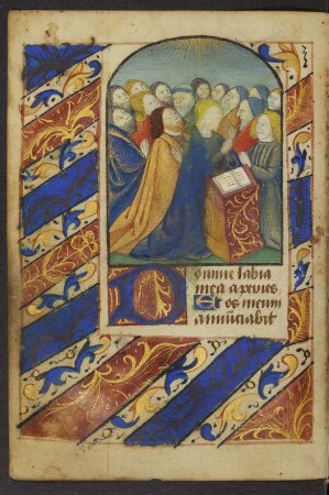 Vollbordürenseite mit Miniatur (Pfingstwunder), Initiale D und Streumusterbordüre