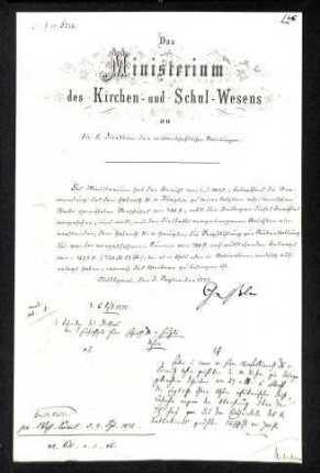 Schreiben des Ministeriums des Kirchen- und Schul-Wesens an die Direktion der wissenschaftlichen Sammlungen