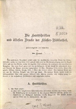 Die Handschriften und ältesten Drucke der Kloster-Bibliothek