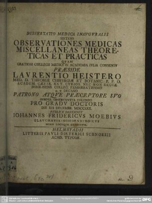 Dissertatio Medica Inauguralis Sistens Observationes Medicas Miscellaneas Theoreticas Et Practicas