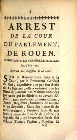 Arrest Du Parlement De Rouen, Du 6 Mai 1762