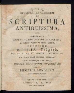 Specimen Academicum De Scriptura Antiquissima
