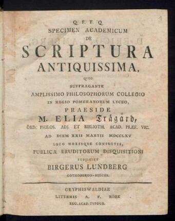 Specimen Academicum De Scriptura Antiquissima