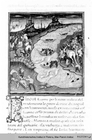 Plutarch: Vita Alexanders des Großen : Textseite mit ornamentaler Initiale (P) und Miniatur: Schlacht Alexanders an einem Fluss