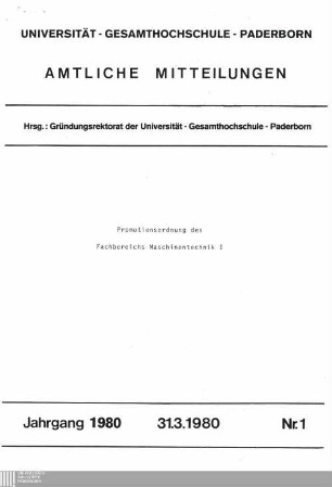 Promotionsordnung des Fachbereichs Maschinentechnik I : 31.3.1980