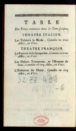 Table Des Piéces contenuës dans le Tome sixiéme.