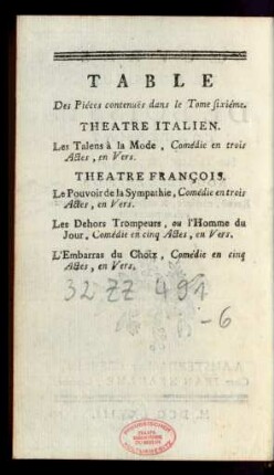 Table Des Piéces contenuës dans le Tome sixiéme.