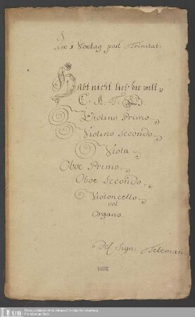 Ms. Ff. Mus. 1090 - Am 1 Sontag post Trinitat: : Habt nicht lieb die welt pp : C: A: T: B:, violino primo, violino secondo, viola, ooboe primo, oboe secondo, violoncello col organo