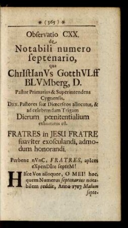 Observatio CXX. de Notabili numero septenario, qua Christianus Gotthulff Blumberg, D. Pastor Primarius & Superintendens ...
