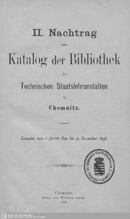 Nachtr. 2: Zuwachs vom 1. Januar 1891 bis 31. December 1898
