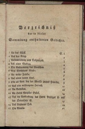 Verzeichniß der in dieser Sammlung enthaltenen Gedichte.