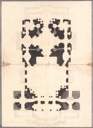 Berlin, Dom. Grundrissentwurf : Berlin, Dom. Entwurf, Grundriss, Jean de Bodt, 1705/06? Feder, Pinsel in schwarz und grau/Papier auf Textil. 92,3 x 126,6 cm.