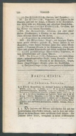 Fünfte Klasse. Die Insecten, Insecta.