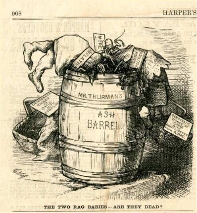 The two rag babies - are they dead? : der demokratische Senator Allen Thurman hat zwei Stoffpuppen, die den politischen Katholizismus und die Inflation darstellen, in seinen Abfallkübel geworfen