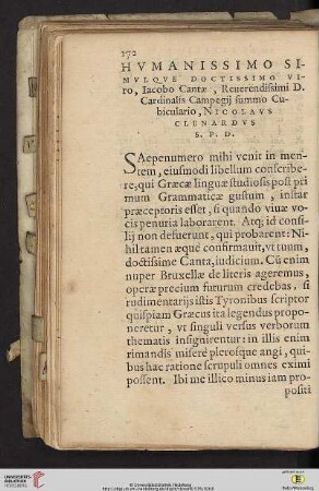 Hvmanissimo simvlqve doctissimo viro, Iacobo Cantæ, Reuerendissimi D. Cardinalis Campegij summo Cubiculario, Nicolavs Clenardvs S.P.D.