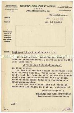 Anschreiben zum Versand einer Preisliste 6 b III über dreipolige Ölschaltkästen