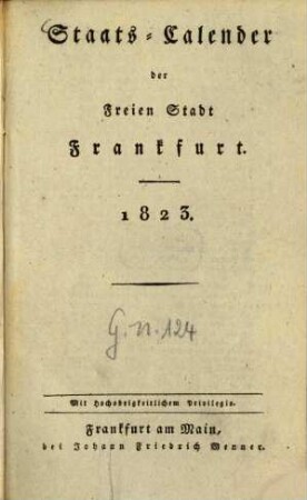 Staats-Kalender der Freien Stadt Frankfurt. 1823