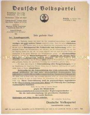 Rundschreiben der Deutschen Volkspartei zu den Sächsischen Landtagswahlen 1926 mit Spendenaufruf