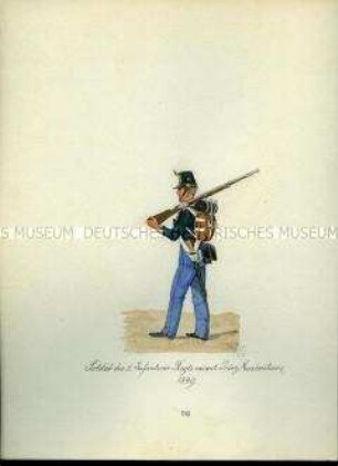 Uniformdarstellung, Infanterist des 2. Infanterie-Regiments, 1849. Aus: Sammelmappe "Sachsens Militär", Königliche Arsenalsammlung.