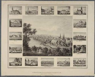 Bilderbogen mit einer großen und 16 kleinen Stadtansichten von Zwickau in Sachsen, großes Bild: Stadtansicht von Nordosten über die Zwickauer Mulde