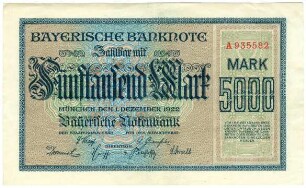 Geldschein, 5.000 Mark, 1.12.1922