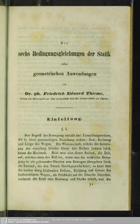 Die sechs Bedingungsgleichungen der Statik nebst geometrischen Anwendungen