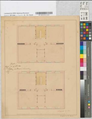 [Entwurf eines Wohngebäudes.] Vorderansicht, Grundrisse und Schnitte z.T. kolorierte Probezeichnungen von W. Hansen, Aachen