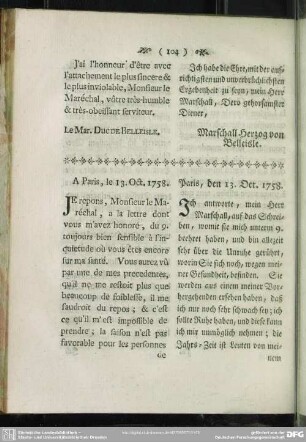 A Paris, le 13. Oct. 1758. Paris, den 13. Oct. 1758