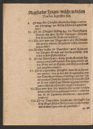 Register der Fragen/ welche in diesem Tractat begriffen sein.