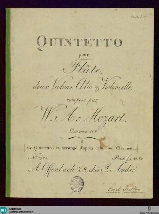 Quintetto pour flûte, deux violons, alto & violoncelle : Oeuvre 108; (ce quintetto est arrangé celui pour clarinette)